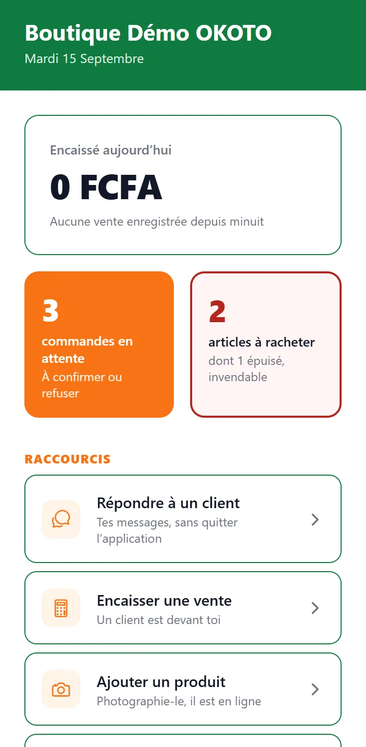 Écran d'accueil de l'application OKOTO : encaissé du jour, commandes en attente, articles à racheter