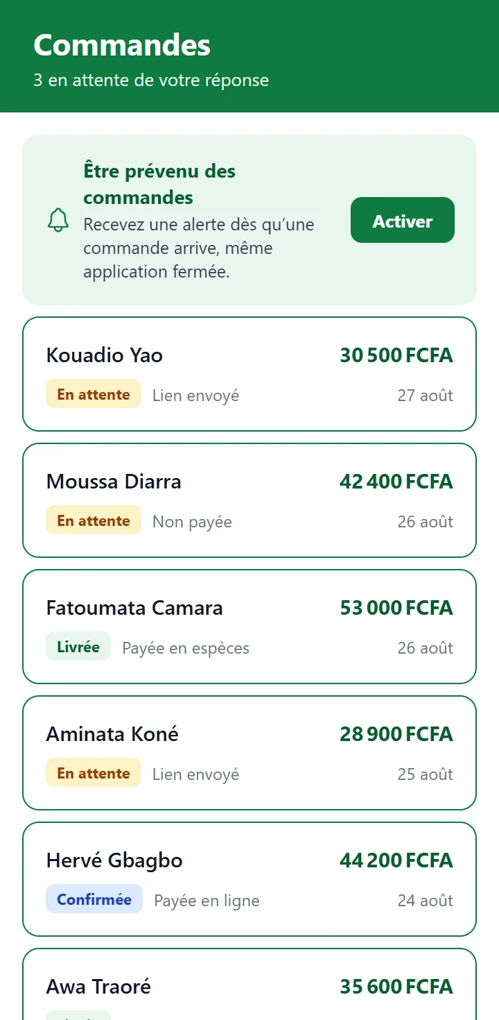 Écran Commandes de l'application OKOTO : les commandes en attente, livrées et payées